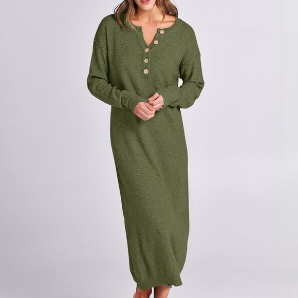 Women Long Sleeve Button V Neck Casual Loose Fit Waffle Knit Dress Green - Picture 3 of 8